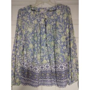 Lucky Brand Boho floral paneled peasant brass button front blue